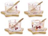Aperitif set, glass bowl, spoon and wooden tray