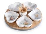 Aperitif set 6 porcelain bowls on wooden tray