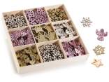 Display 144 decorations in colored wood and glitter with adh