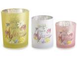 Ensemble de 3 bougeoirs en verre dépoli à décor floral