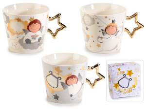 Porcelain cup 40ml with gold star handle angels