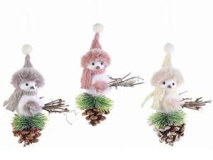 Little bird with scarf, hat, snow-covered pine cone to hang