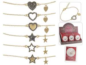 Gold Heart and Star Metal Bracelet with Rhinestones