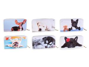 Faux leather wallet with zipper and coin purse with dog prin