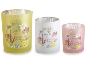 Set of 3 candle holders in frosted glass with floral decorat