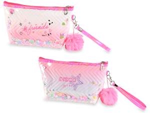 Trousse de maquillage à paillettes avec pompon, zip