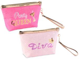 Fabric bag with sequin decorations, zip and drawstring