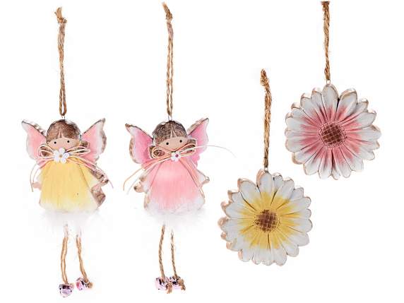 Colored ceramic decoration with feathers to hang
