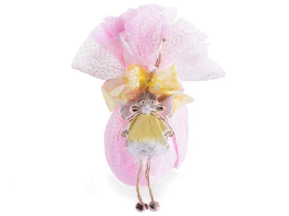 Colored ceramic decoration with feathers to hang