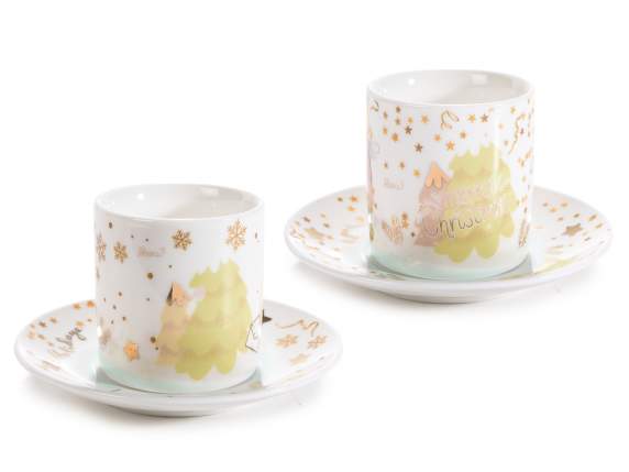 Conf. 2 tazas y platos de porcelana Estrella de oro