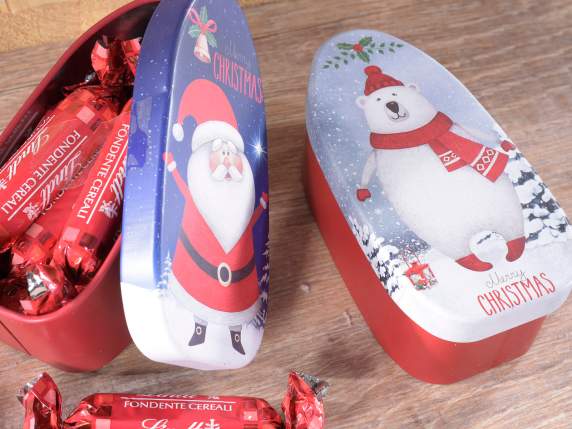 Caja de metal con adornos navideños