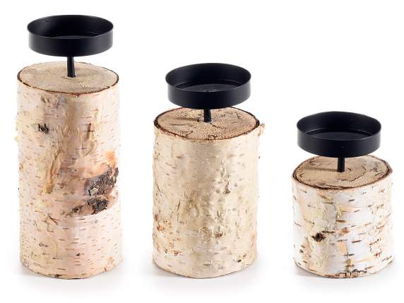 Juego de 3 portavelas de madera con soporte de metal