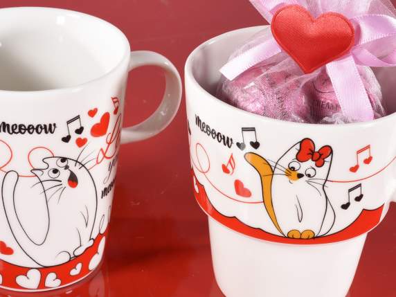 Set of 2 stackable cups in porcelain Cats in love