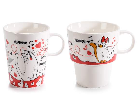 Set of 2 stackable cups in porcelain Cats in love
