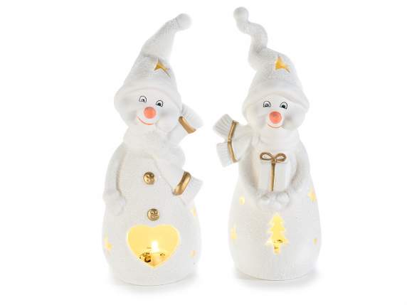 Snowman in matt ceramic and glitter with LED lights
