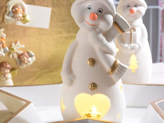 Snowman in matt ceramic and glitter with LED lights
