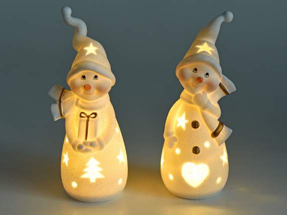 Snowman in matt ceramic and glitter with LED lights