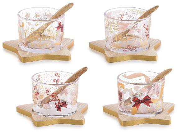 Aperitif set, glass bowl, spoon and wooden tray