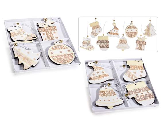 Pack of 4 decorations in decorated wood to hang