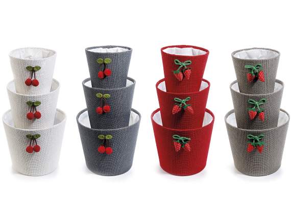 Set de 3 coșuri din iută cu decor de fructe și interior impe
