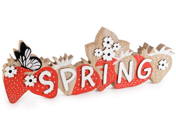 Written Spring in colored wood with strawberries and flowers