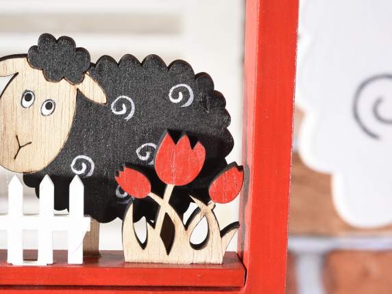 Wooden house with sheep to hang with flower pendants
