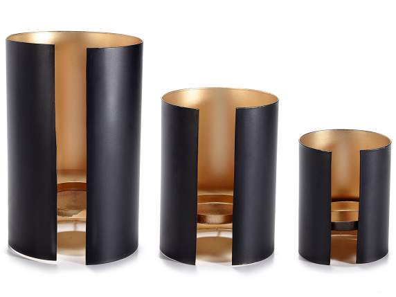 Set of 3 metal candle holders with gold interior