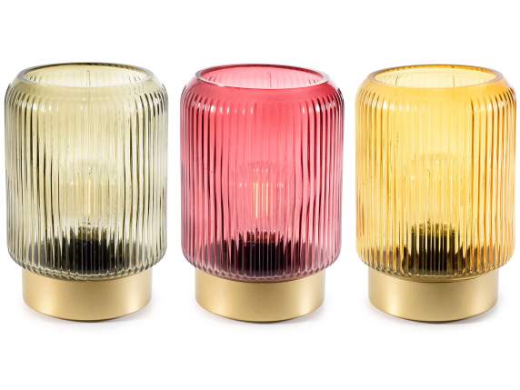 Lampe en verre coloré moleté avec base dorée et lumière LED