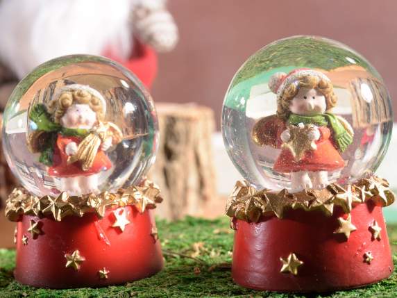 Boule à neige avec ange sur socle en résine avec étoiles