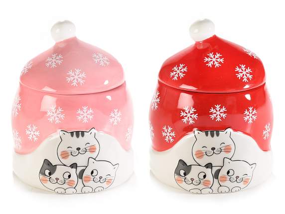 Pot en céramique coloré avec des chatons et un couvercle