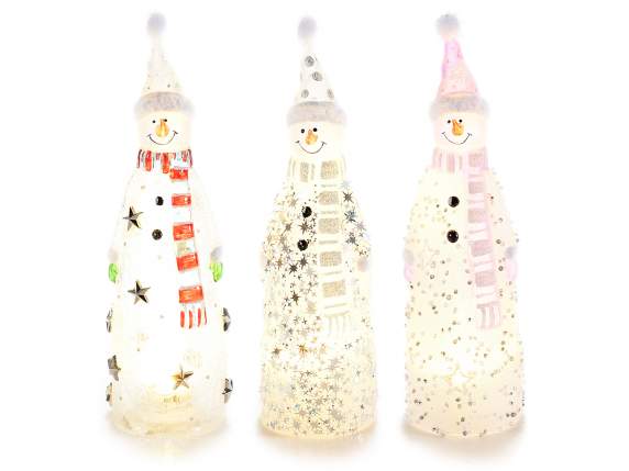 Bonhomme de neige en verre décoré de lumière LED et de pompo