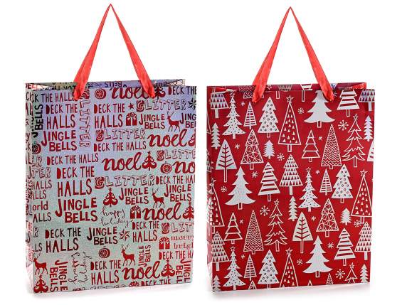 Sac en papier métallisé avec décorations de Noël et anses en