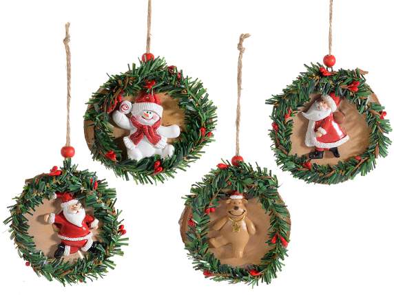 Corona de madera para colgar c-personaje de navidad resina
