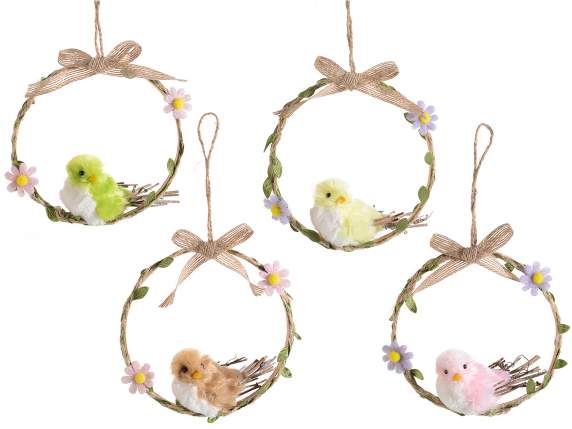 Corona artificial con pájaro y flores para colgar