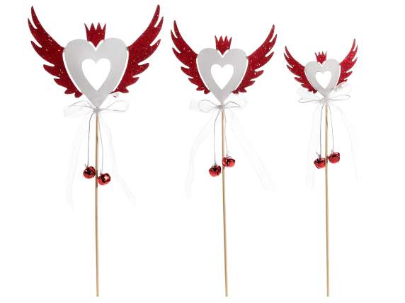 Set of 3 wooden hearts on stick with glitter wings and bells