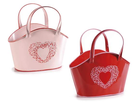 Metal handbag vase with embossed heart decoration