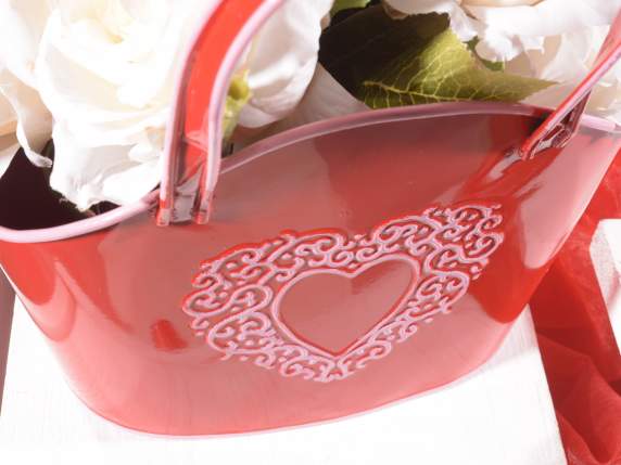 Metal handbag vase with embossed heart decoration