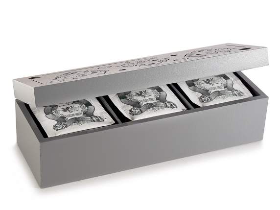 Heart perforated wooden tea - spice box with 3 compartments