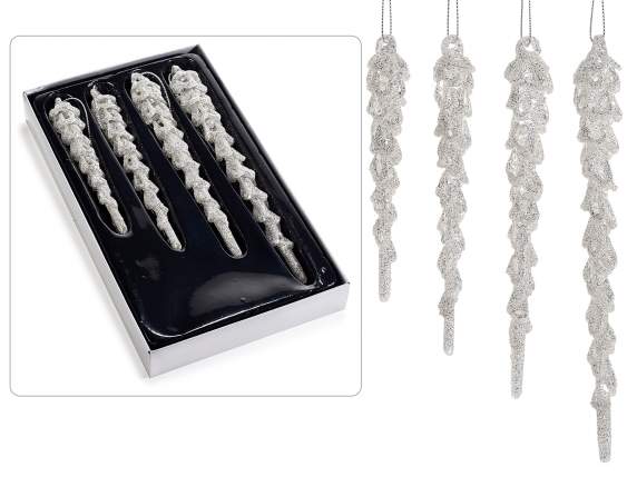 Set of 4 silver glitter glass icicles to hang