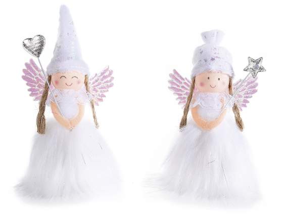 Ángel con vestido de piel ecológica y adorno plateado de pie