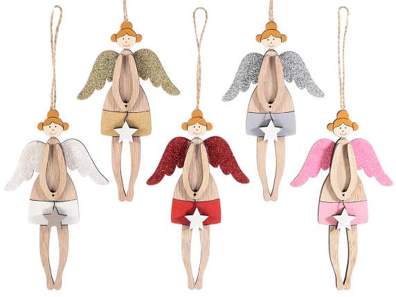 Angelito de madera con adornos brillantes para colgar