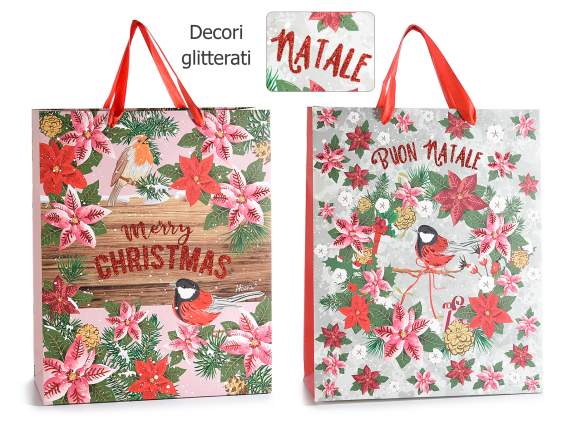 Bolsa de papel navideña con adornos brillantes y asas de sat