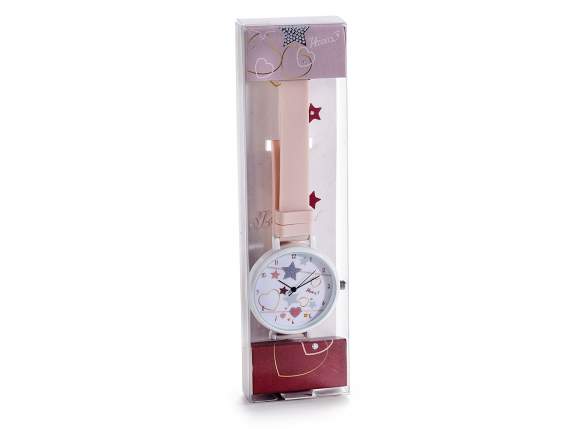 Reloj de cuarzo con corazones y estrellas y correa de silico