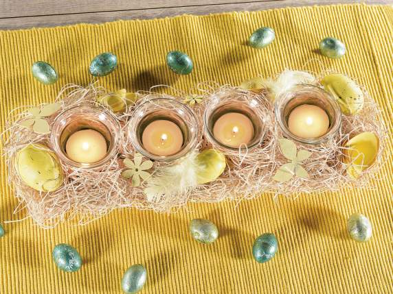 Centro de mesa de flores y huevos con 4 portavelas de vidrio