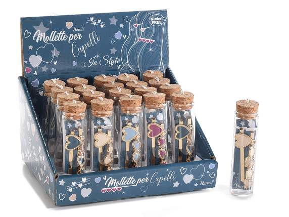 Set 2 pinzas de pelo corazón esmaltado, oro rosa en expo