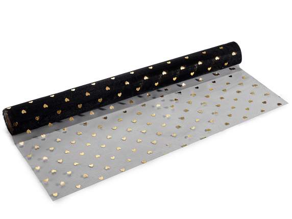 Rollo de tul colorido con corazones dorados metalizados