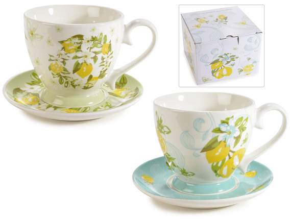 Tasse en porcelaine 400 ml avec soucoupe et imprimé citron