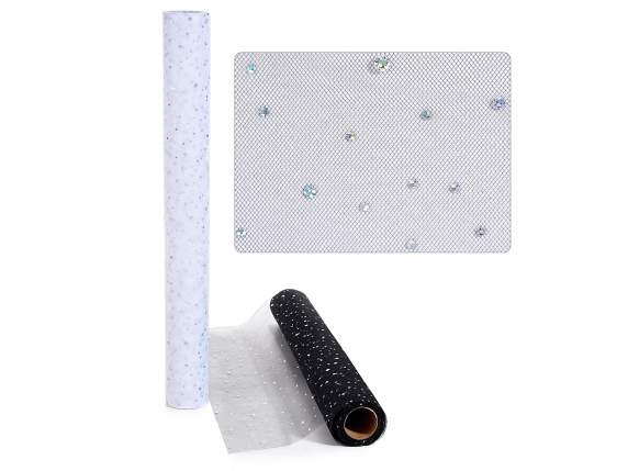 Rollo tul decorativo 47cm lunares plata efecto iridiscente