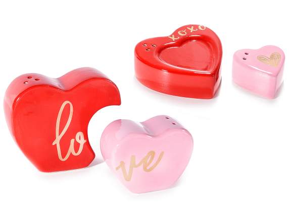 Hearts salt and pepper set with shiny gold-like writing