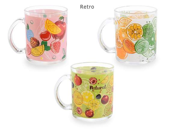 Taza de cristal de 340 ml con asa con estampado de frutas